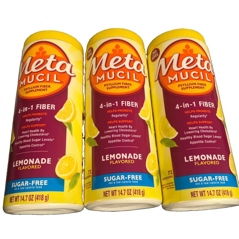 3 Metamucil 4-In-1 Fiber Sugar Free Lemonade Promote Regularity Powder 14.7 Oz